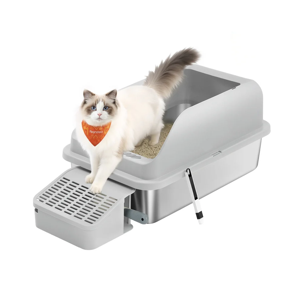 Lettiera per gatti in acciaio inox con ingresso superiore