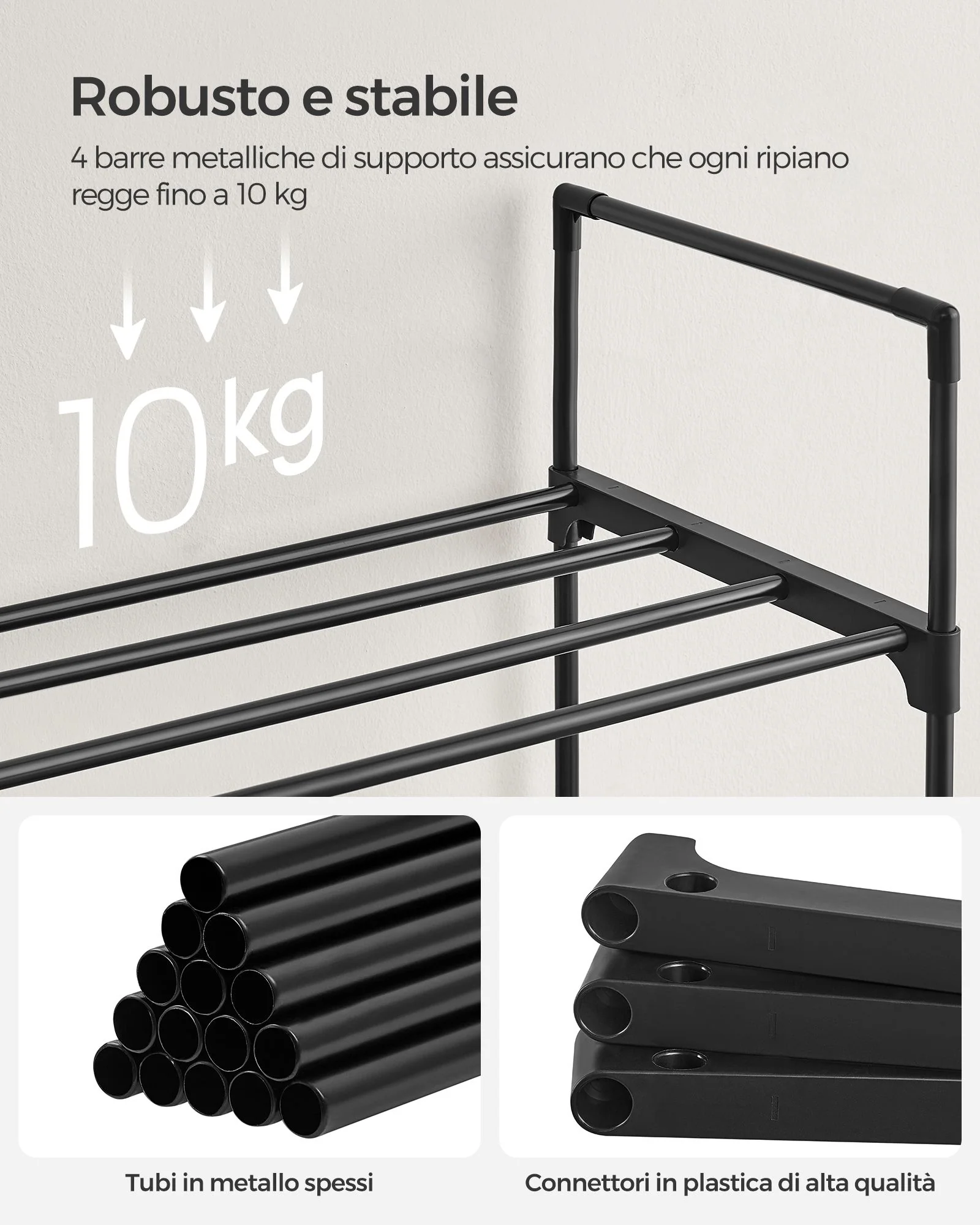 SONGMICS Scarpiera a 3 Ripiani, Set da 2, Scaffale Portascarpe, Organizzatore in Metallo, per 12/15 Paia di Scarpe, Impilabile, Corridoio, Soggiorno, Camera da Letto, 30 x 92 x 55 cm, Nero