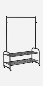 SONGMICS Stand Appendiabiti, Appendiabiti da Terra, Appendiabiti con Ruote, Ganci e Ripiani in rete, Porta Abiti con Rotelle per Ingresso, Soggiorno, Camera da Letto, Nero