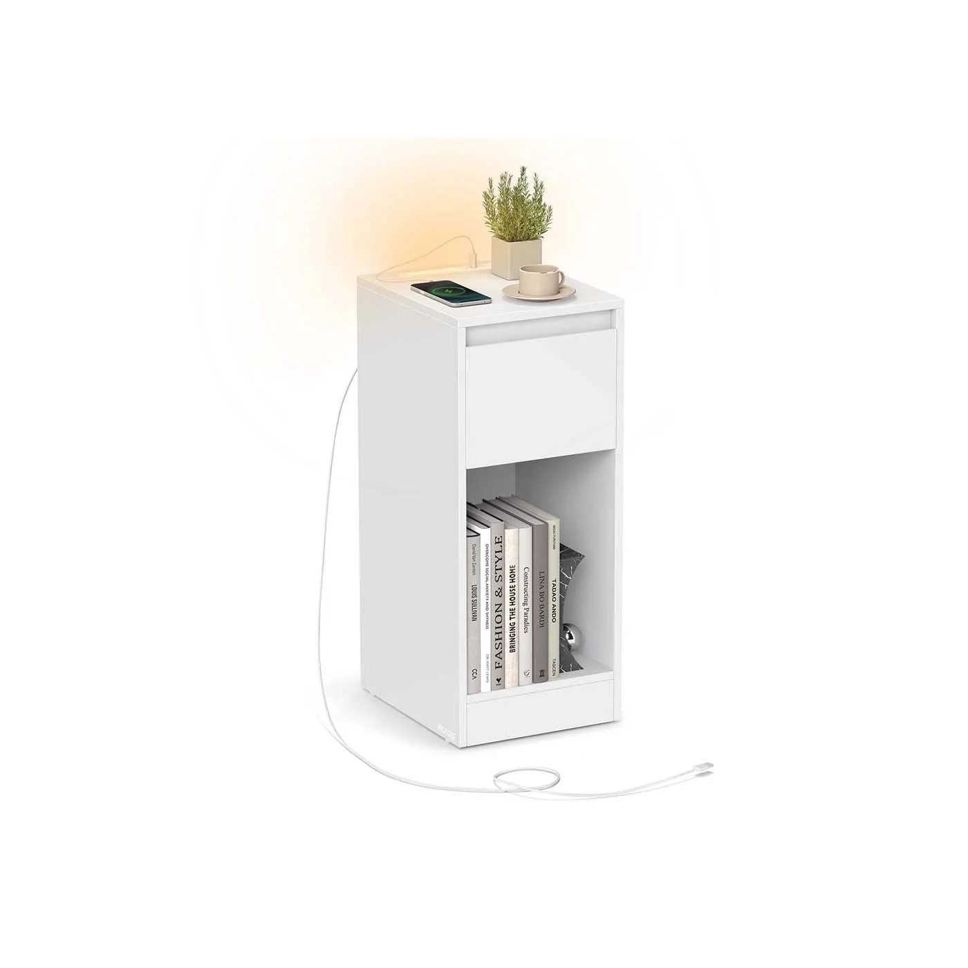 Comodino con LED porte USB cassetto e scomparto