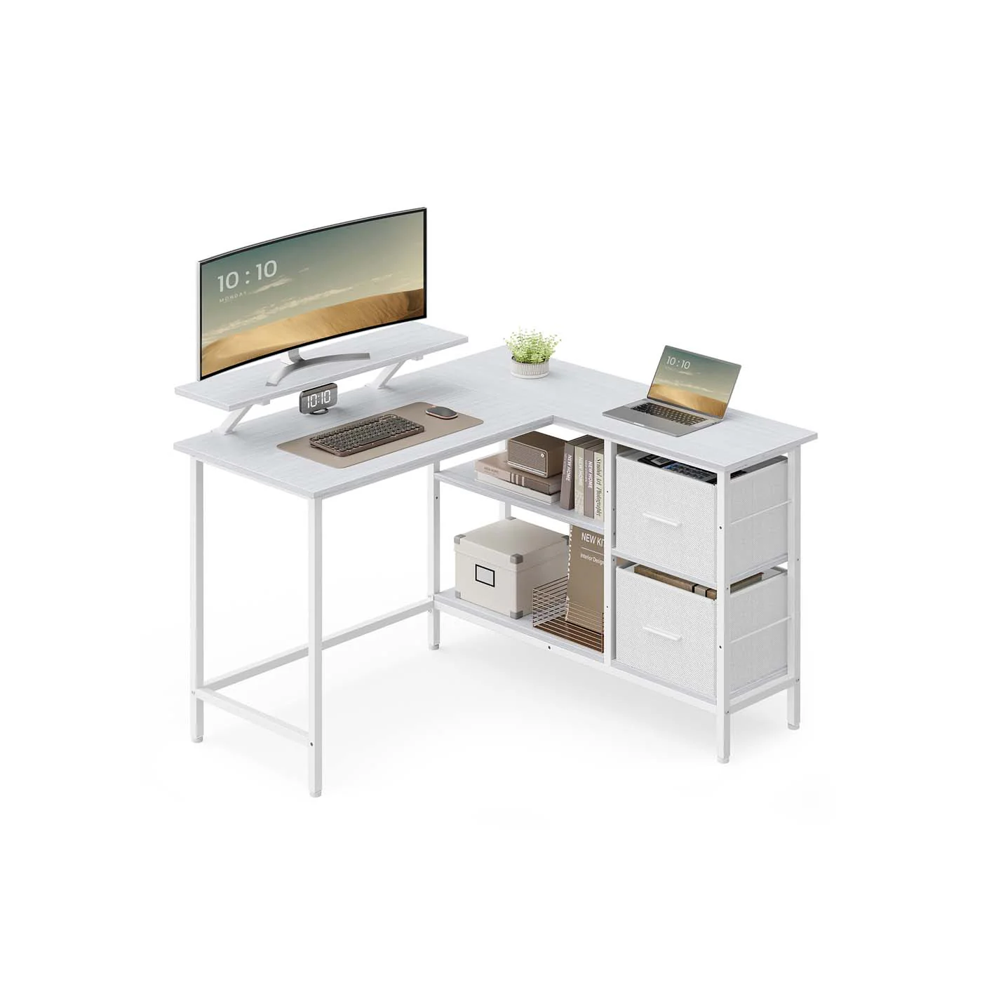 Scrivania a L con Ampi Cesti per Computer con Supporto per Monitor - Image 5