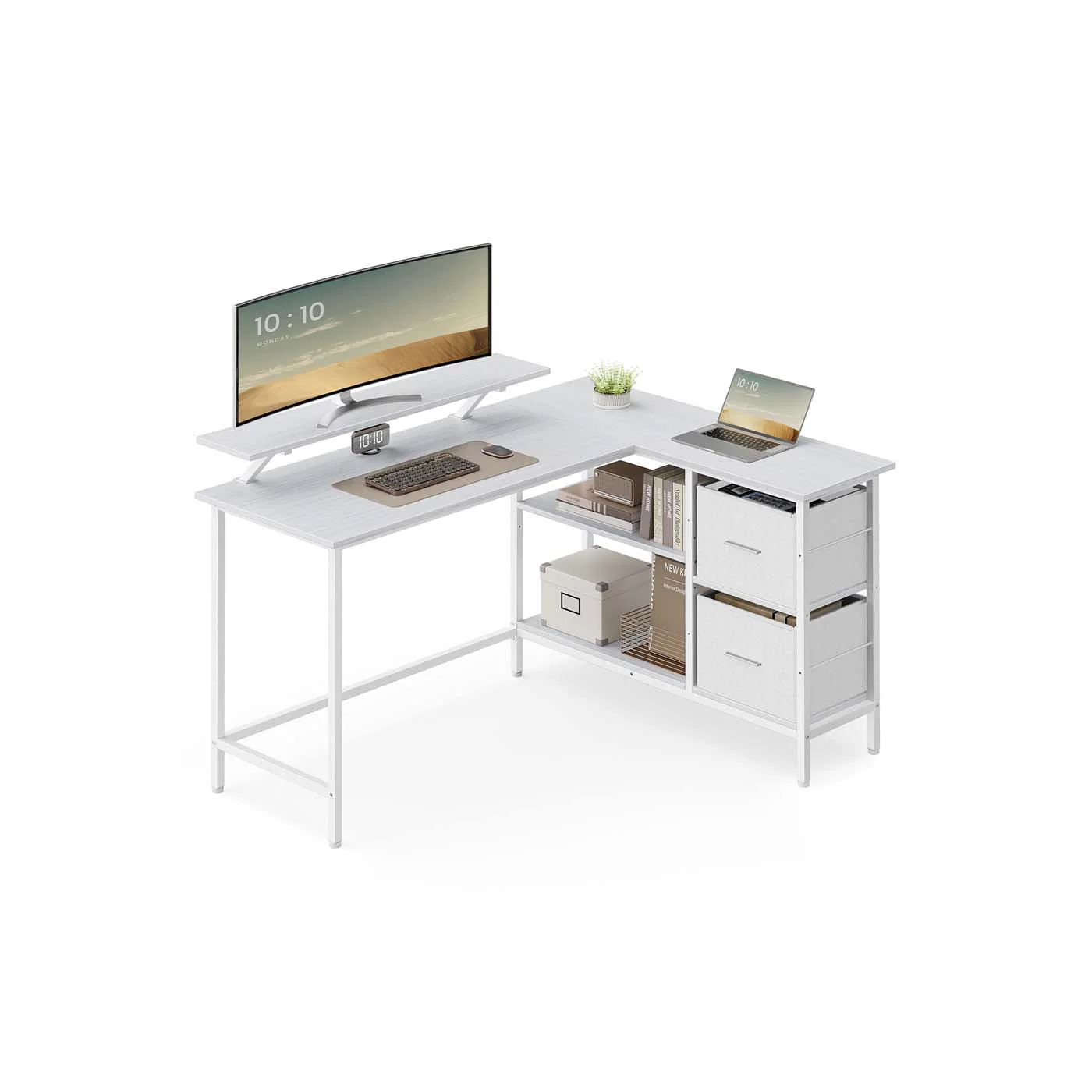 Scrivania a L con Ampi Cesti per Computer con Supporto per Monitor - Image 6